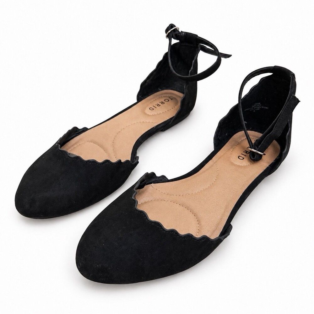 Torrid Black Scalloped Ankle Strap Ballet Flats D’Orsay Round Toe Shoes Sz 9W